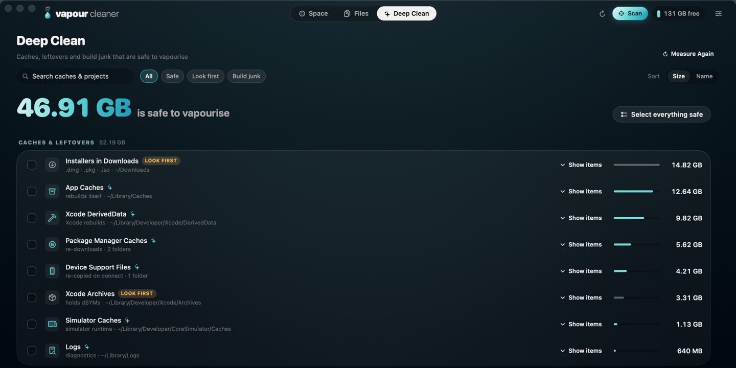 Deep Clean listing 43 GB safe to vapourise across caches, Xcode data and installers.