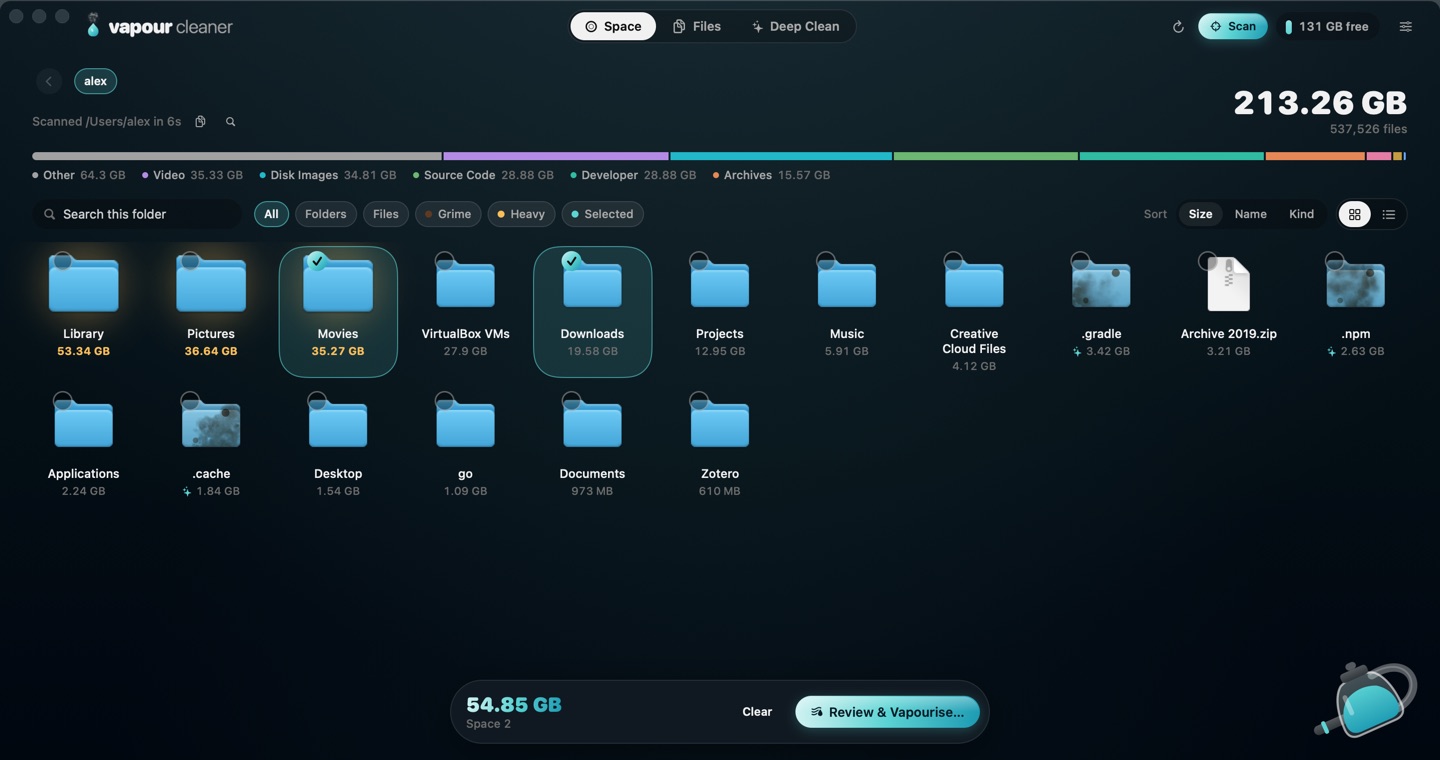 The Space explorer: Library, Pictures and Movies flagged as heaviest, Movies and Downloads selected.
